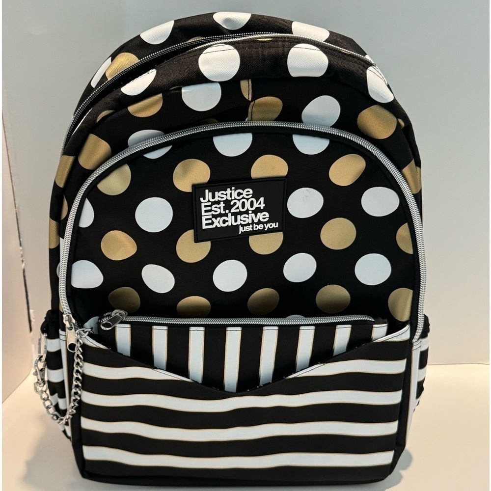 Justice  Exclusive "Just Be You" Gold & White Polka-dot & Strip Backpack bag - Picture 11 of 16